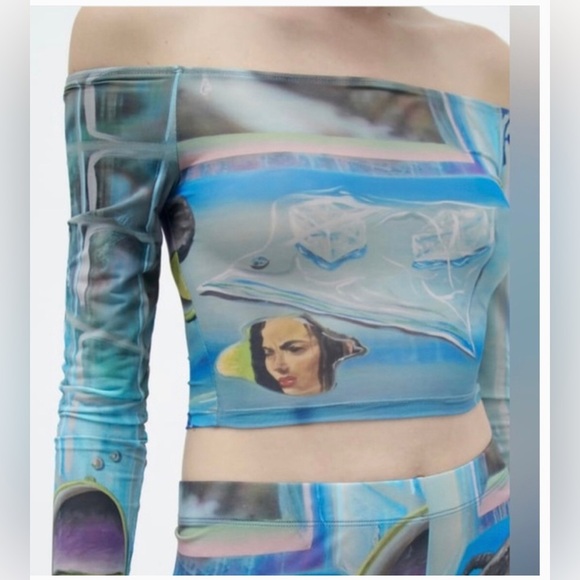 Zara limited edition larissa de Jesus negron print crop off shoulder mesh top‎ - Picture 2 of 14